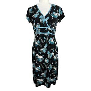 Sandra Dress Short Sleeves V-Neck Black Teal Floral Print Women's Sz S